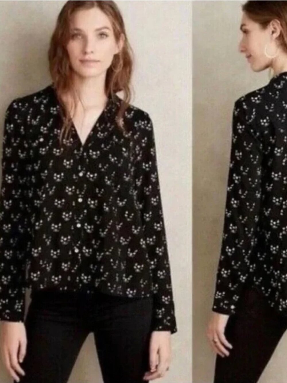 Anthropologie Black button up cat print shirt 0